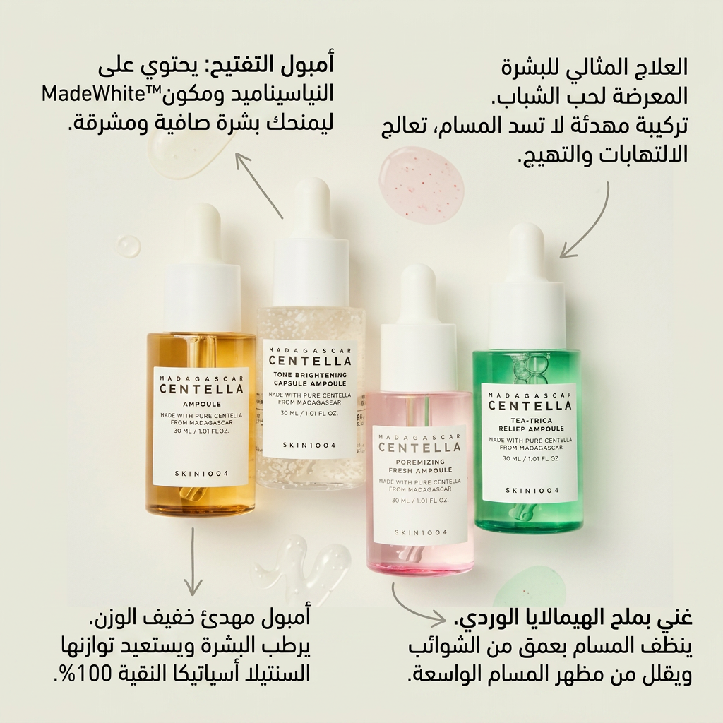 طقم سيروم سنتيلا مادغشقر من SKIN1004 (4 أنواع) - المجموعة الكاملة للعناية المتكاملة بالبشرة.